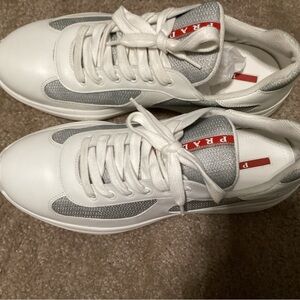 Men Prada Leather America's Cup Sneaker In White/Silver $ 895 Sz 9/9.5